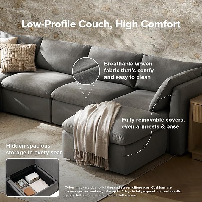 mopio Oversized Modular Sectional Sofa with Fully Removable Covers and Storage, Convertible U, L-Shaped and Sleeper Sectional, Modern Couches with Ottoman Chaise (Stone Gray Fabric, 3 Seater)
