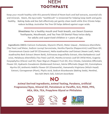 Desert Essence Natural Neem Toothpaste - Cinnamint - 6.25 Oz - Pure Essential Oil - Baking Soda - Complete Oral Care - Sea Salt - Refreshing Taste - Promotes Buildup Reduction