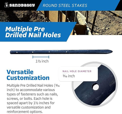 Sandbaggy Round Steel Concrete Form Stakes with Nail Holes - Rust Resistant Coating - Removable, Reusable (20, 3/4 in X 18 in)
