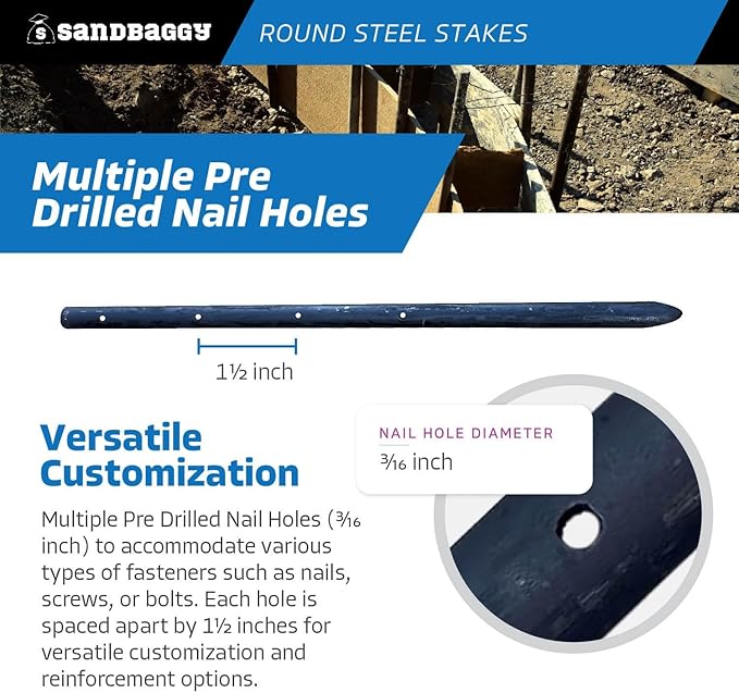Sandbaggy Round Steel Concrete Form Stakes with Nail Holes - Rust Resistant Coating - Removable, Reusable (200, 3/4 in X 18 in)