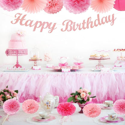 Hot Pink Birthday Party-Decorations Paper-Flowers - 14pcs Happy Banner Girl Lanterns Tissue Pom Poms,Women Streamers Garland Fans,21st 18th Princess Baby Sweet 16 Pretty Hanging Supplies Decor Hugfond