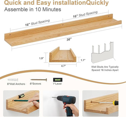 Floating Picture Ledge Shelves 36 Inch Solid Oak Wood Set of 2, Rustic Wall Storage Shelves with Lip, Kids Bookshelf, Photo & Picture Ledge Shelves for Bedroom, Living Room, Kitchen