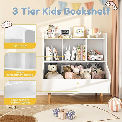 Toy Storage Organizer, 3 Tier Floor Standing Toddler Bookshelf with Legs, 5 Cube Kids Bookshelf and Toy Storage, Book Shelf for Kids Room, Living Room, Nursery, White