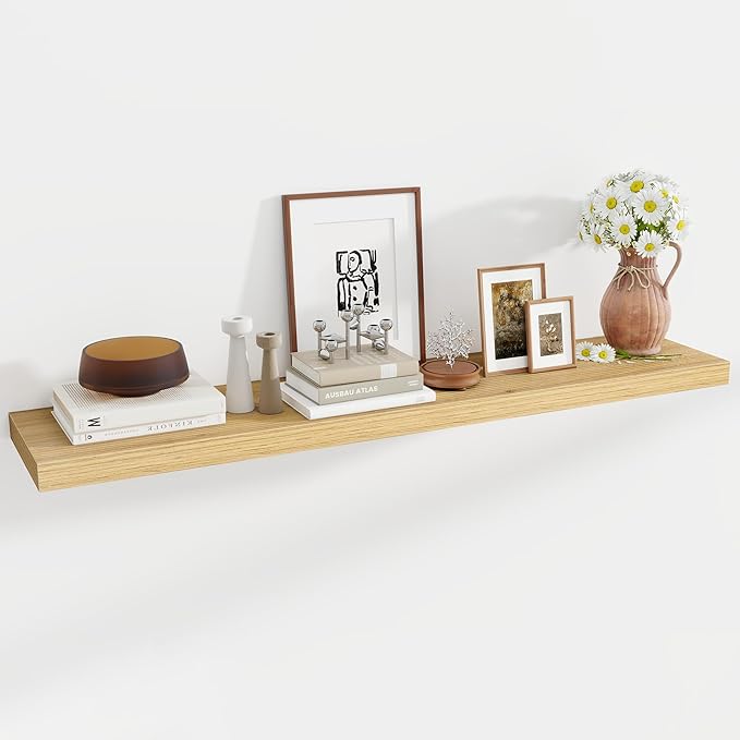55 Inch Floating Shelves, 12 Inch Deep Floating Shelves for Wall, Floating Shelf with Invisible Brackets, Deep Shelves for Bathroom, Bedroom, Living Room, 1 Pack, Natural