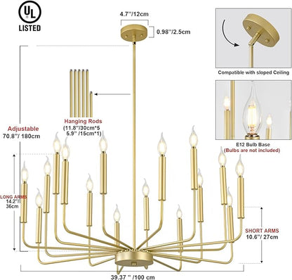 Modern Gold Farmhouse Chandeliers, 16-Light Industrial Metal Chandelier Lighting, Classic Candle Hanging Pendant Light Fixtures for Kitchen Island, Living Room, Dining Room, Stair