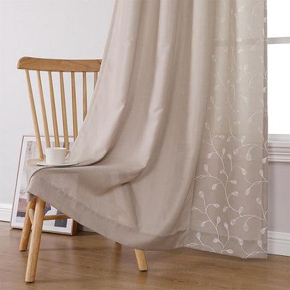 MIUCO Light Filtering Faux Linen Curtains - 95 Inch Long Bedroom & Living Room Drapes, Linen Floral Embroidered Solid Mix & Match, Semi Sheer Grommet Farmhouse Curtains, 2 Panels Set
