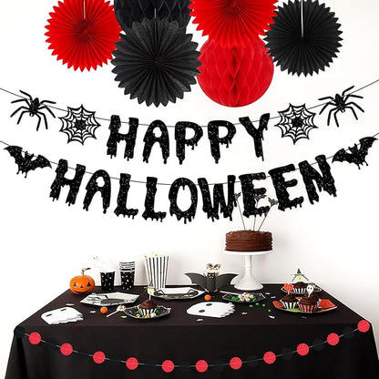 Red Black Happy-Halloween Party Decorations - 13PCS Spider Web Bats Streamers Banner ,Paper Flowers Lanterns Tissue Pom Poms Fans, Classroom Birthday Bachelorette Hanging Supplies Decor Hugfond
