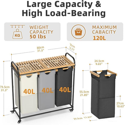 Laundry Hampers 3 Section, Laundry Sorter with Removable Shelf and Pull-Out Bags, Clothes Hampers with Wheels Rolling Cart Basket for Laundry Room Bathroom, 3 x 40 L (Black White Gray)
