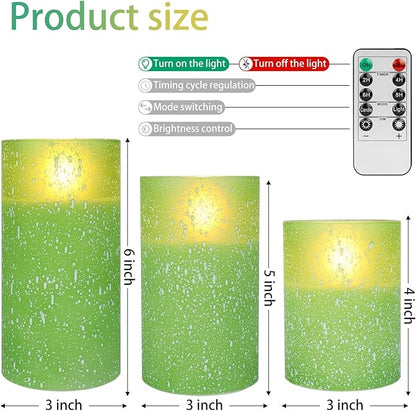 Green Flameless Candles with Remote, Glass LED Pillar Battery Operated Candles with Timer, Flickering Decorative Lights for Home Weddings Holidays Gift Set of 3