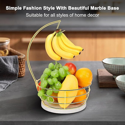 Livabber Countertop Fruit Basket Bowl with Banana Hanger, Modern Standing Fruit Vegetable Bowl Storage, with Banana Tree Holder for Kitchen Dinning Table (Round Marble, Gold)