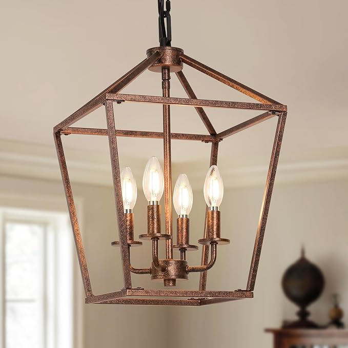 Chandelier for Dining Room, 4-Light Rustic Chandelier Fixtures, Vintage Ceiling Light with Adjustable Height, Antique Bronze Geometric Hanging Light for Bedroom, Foyer, Kitchen, Living Room, Entryway