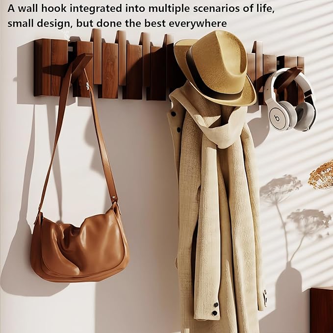 Wall Mounted Piano Key Hanger | Flip Style Hook | Entrance Wall Art Hook, Made of Oak Wood (3 Times Painted, 4 Times Polished) (Walnut, 12Hooks)