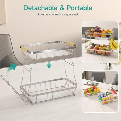 3 Tier Fruit Basket for Kitchen Counter with 2 Mobile Banana Hangers, 2025 Pro Detachable Metal Fruit Bowl with Wooden Handle, Fruit Holder for Bread Snack Veggies, Silvery