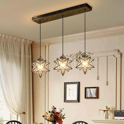 Glam Chandelier 3 Lights Glass Star Pendant Lights for Dining Table Kitchen Island Modern Ceiling Hanging Lights Included LED Warm Light Bulbs Oiled Bronze