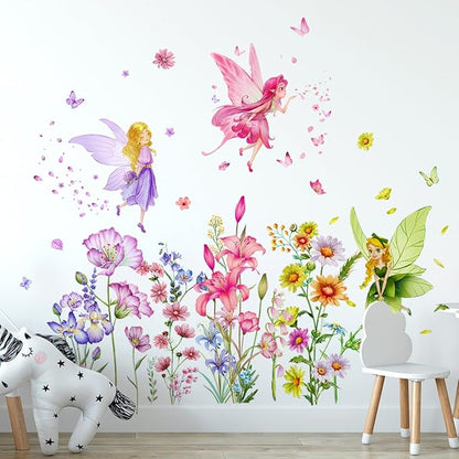Set of 3 Sheets Size 40x12 Inch Spring Summer Window Cling Sticker Angels, Flowers, and Butterfly Window Stickers, Spring and Summer Decor, Wall, Window Glass Display Stickers (Fairy Theme)