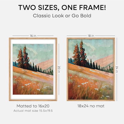 Homeforia 18x24 Poster Frame Wood, High End Natural Oak 18x24 Light Wooden Picture Frame with Mat 16x20, 18 by 24 Frames Matted to 16 x 20 Photo, 24by18 Thin Frames, Tempered Glass, Wall Kit, Set of 1