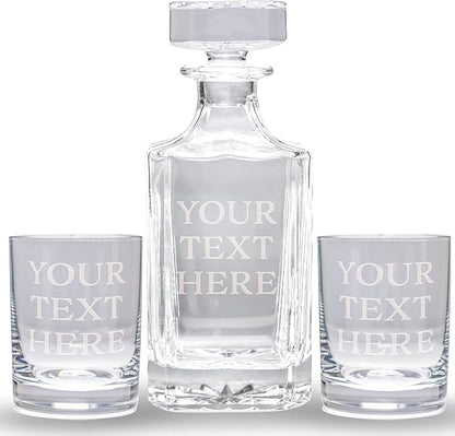 Gifts Inscribed Custom Text Whiskey Decanter & Glasses Set of 2 – Engraved Glass Cups Drinking Glasses Set of 2 – Personalized Whiskey Glasses Drinking Set – Customized Whisky Glassware Gift for Him