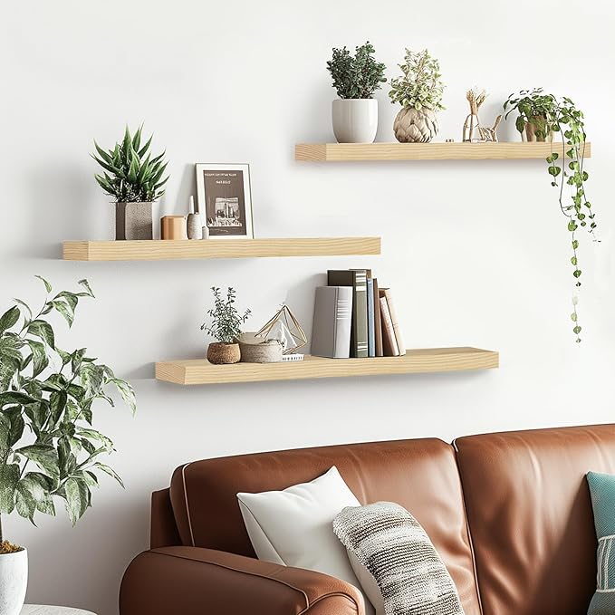 Floating Wall Shelves 3-Pack - 24-Inch Rustic Wooden Shelves for Storage and Décor, Easy Installation for Living Room, Bedroom, and Kitchen