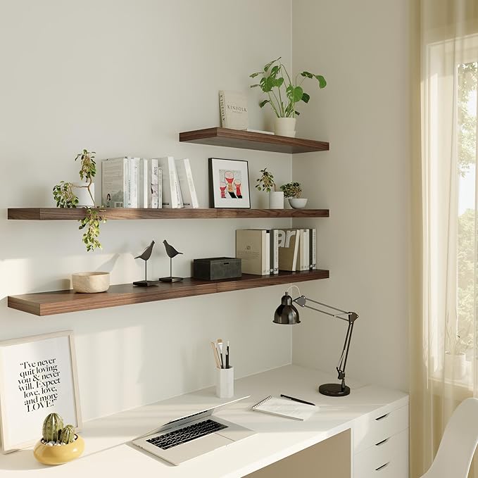 Large Floating Shelves for Wall Set of 2 Wooden Wall Shelves 24 in x 12.75 in x 2 in Room Decor Long Shelf with Invisible Wall Mount Bracket for Bedroom Kitchen Living Room Walnut