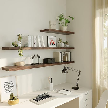 Large Floating Shelves for Wall Set of 3 Wooden Wall Shelves 24 in x 12.75 in x 2 in Room Decor Long Shelf with Invisible Wall Mount Bracket for Bedroom Kitchen Living Room Walnut