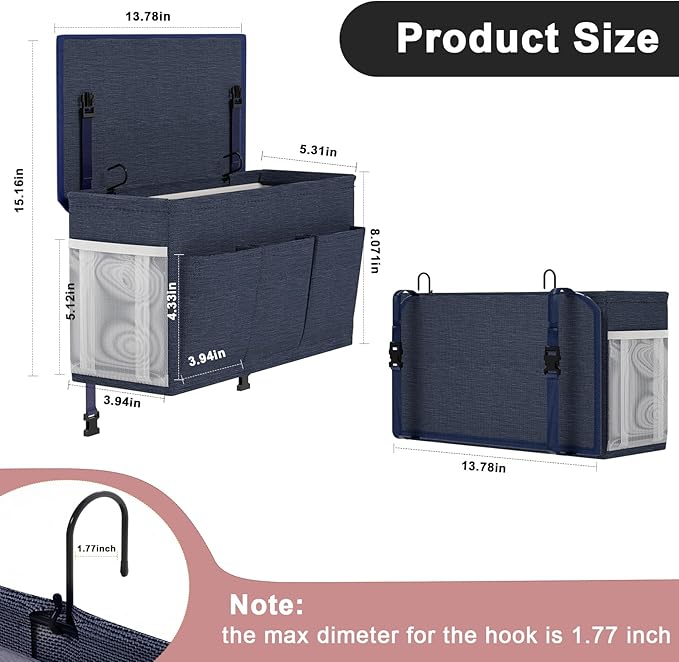 Dual-purpose Bedside Caddy Bedside Organizer, Bed Caddy with 6 Pockets, Versatile Bedside Storage Solution Magazine Remotes holder, ideal for Home, Dorm, Hospital, Crib Bed (Navy 2pcs)