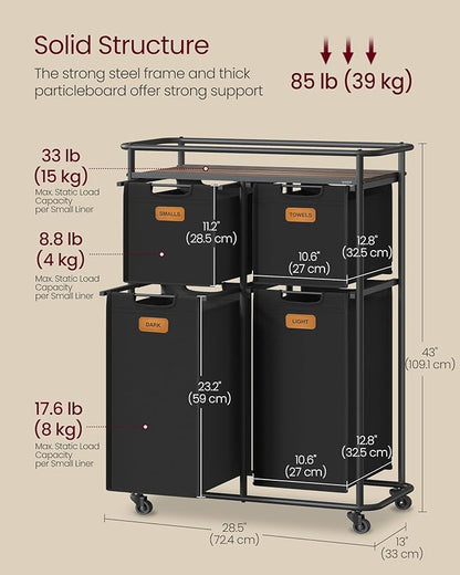 VASAGLE Laundry Sorter, Laundry Hamper with Wheels, 39.6 Gal. (150 L) Portable Rolling Cart Baskets with Shelf, 4 Removable Liners and 6 Labels, Ink Black and Chestnut Brown URLS100B01