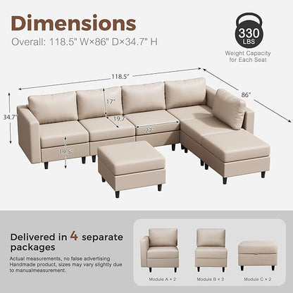 118.5" Faux Leather Modular Sectional Sofa, L Shaped Couch Set for Living Room, 7-Seater Comfy Cloud Couches with Storage Seat Whitesand