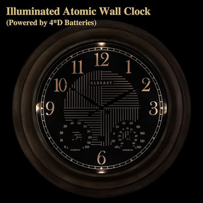 CLXEAST 24 Inch Self-Illuminated in/Outdoor Atomic Wall Clock with Temperature and Humidity, Oversized Large 24 Inch Wall Clocks for Living Room Decor, Brushed Grey Oak Wooden Finish