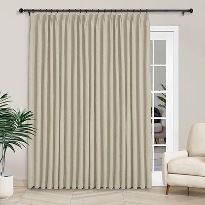Macochico Extra Wide 100% Blackout Linen Curtains for Sliding Door Pleated Curtains with Hooks Insulated Soft Linen Drapes for Bedroom Living Room with Tieback Beige 100”Wx84”L 1 Panel