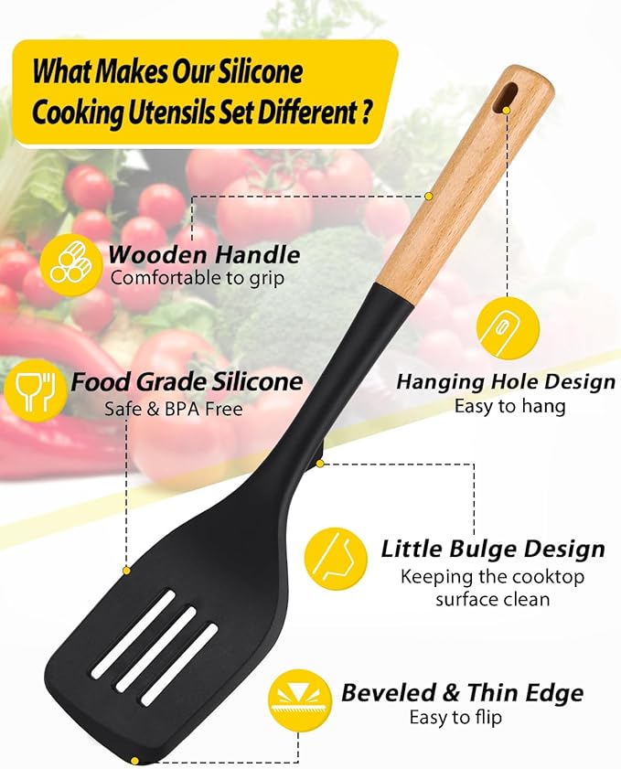 Silicone Kitchen Utensil Set for Non Stick Cookware, 7 Pcs Heat Resistant Cooking Utensils with Wooden Handle, BPA Free Kitchen Tools with Spatulas, Spoons, Skimmer and Pasta Fork (BLACK)