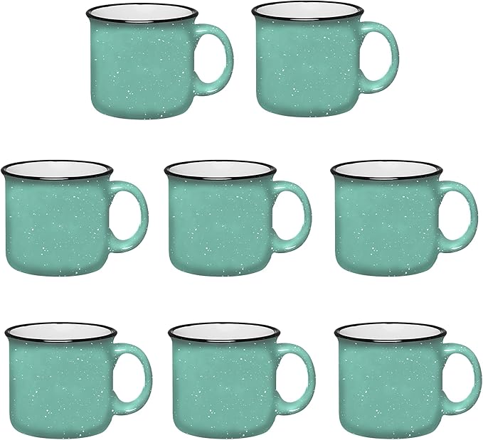 Set of 8 Ceramic Campfire Mugs – 15 Oz, Teal – Coffee & Tea Cups for Home, Work, Travel, Camping – Customizable, Great for DIY, Events, Companies