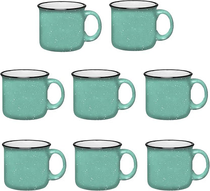 Set of 8 Ceramic Campfire Mugs – 15 Oz, Teal – Coffee & Tea Cups for Home, Work, Travel, Camping – Customizable, Great for DIY, Events, Companies