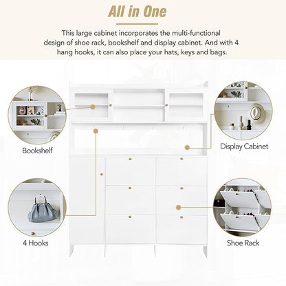 Ball & Cast Tipping Bucket 3-Tier Shoe Cabinet with 6 Flip Drawers and Storage Shelf,Entryway Hall Tree with Tempered Glass Doors and 4 Hooks,for Hallway,Mudroom,Living Room,White