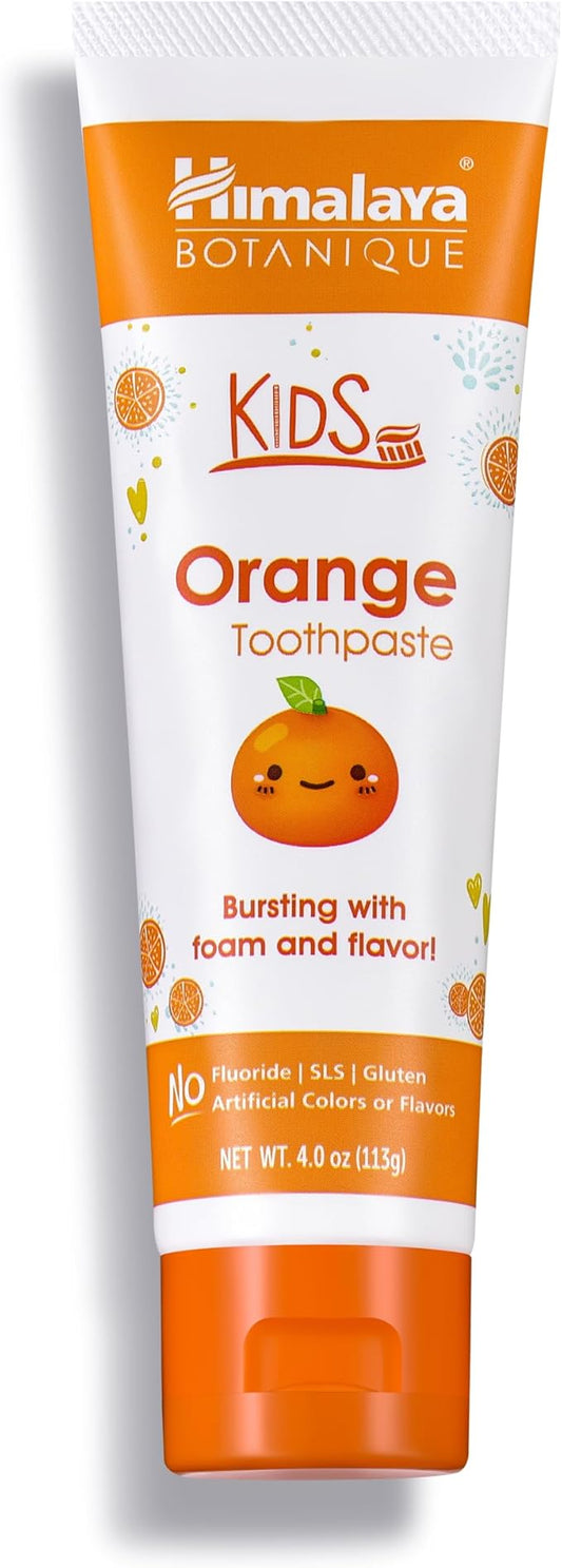 Himalaya Botanique Kids Toothpaste, Herbal, Orange Flavor, Fights Plaque, Fluoride-Free, Gentle, No Artificial Flavors or Colors, SLS Free, Gluten Free, Cruelty Free, Vegan, Foaming, 4 Oz, 1 Pack
