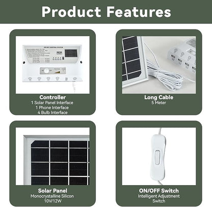 Solar Powered Indoor & Outdoor Pendant Lights with 4 LED Bulbs, Each 5m Cord, Waterproof, 6000mAh Battery for Yards, Gardens, Patios, Camping, RVs & Sheds