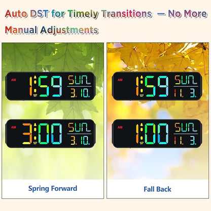 Peakeep Digital Alarm Clock for Bedrooms, Date Day of Week Large Display Numbers 6 Brightness Dimmer, 5 Volume Loud for Heavy Sleepers, 8 RGB Colors Electric Desk Clock Battery Backup, Auto DST