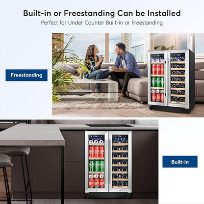 Tylza Upgraded Wine and Beverage Refrigerator 24 Inch, Dual Zone Wine Beverage Cooler with French Door, Under Counter Wine Beer Fridge Built-In or Freestanding, Holds 20 Bottles and 88 Cans, Low Noise