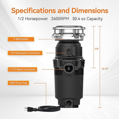1/2 HP Garbage Disposal, TECASA Food Garbage Disposal with Power Cord, Stainless Steel Grinding System and 3-Bolt Mounting, Continuous Feed Compact Garbage Disposals, UL Certified, Taskmaid Series 50