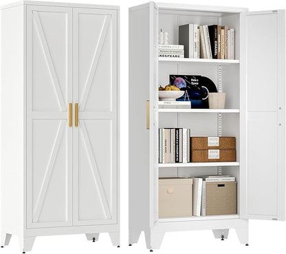 61" Tall Farmhouse Metal Pantry Cabinet, Kitchen Pantry Storage Cabinets with 2 Barn Door and Adjustable Shelves,Metal Pantry Storage Cabinet,for Kitchen,Laundry Room,Home Office,Kids Room (White)