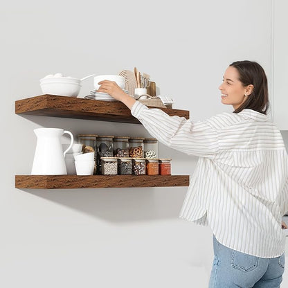 Heimlove 36 Inch Floating Shelves for Wall,10 Inch Deep Brown Wood Shelves with Invisible Brackets,Wall Mounted Storage & Display Shelves for Bedroom,Living Room,Kitchen,Office