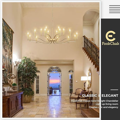 18 Light Gold Living Room Chandelier High Ceiling Foyer Candle Chandelier Large Modern Brass 59in Metal Chandeliers Hanging Light for Master Bedroom Dining Room Light Fixture Over Table