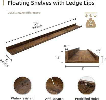 Picture Ledge Shelf, Wood Long Floating Shelves for Wall, Set of 2, 56 inch Picture Ledge Shelves, Photo Ledge Nursery Book Shelves Wall Mounted for Living Room Kids' Room Bedroom, Color Brown