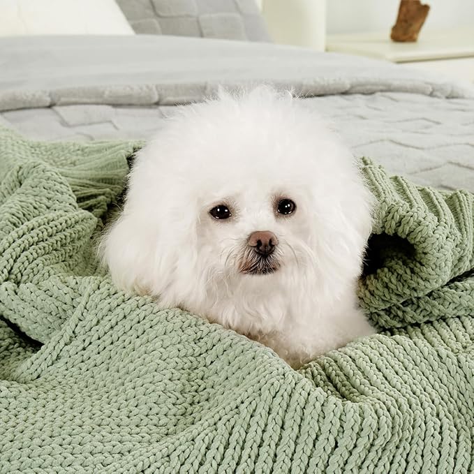 Amélie Home Chenille Knit Throw Blanket for Couch, Chevron Texture Decorative Soft Blanket for Sofa, Bed & Chair, 60"x80", Sage Green
