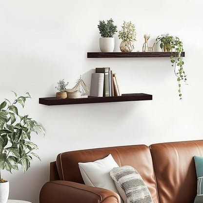 Floating Wall Shelves 2-Pack - 24-Inch Rustic Black Wooden Shelves for Storage and Décor, Easy Installation for Living Room, Bedroom, and Kitchen