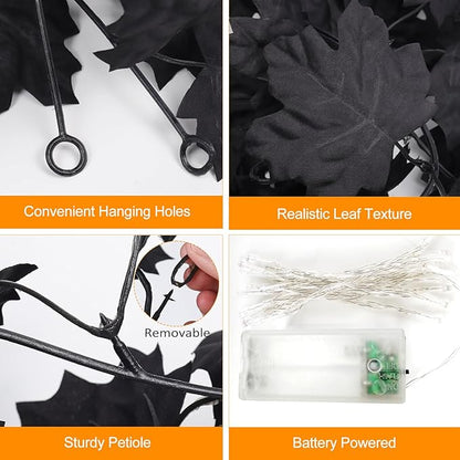 Joyhalo 2 Pack Halloween Garland with Lights, Black Maple Leaves Lighted Garland for Mantle, 5.7FT Light Up Leaf Autumn Vines Outdoor for Door Frame, Fireplace and Thanksgiving Fall Decor