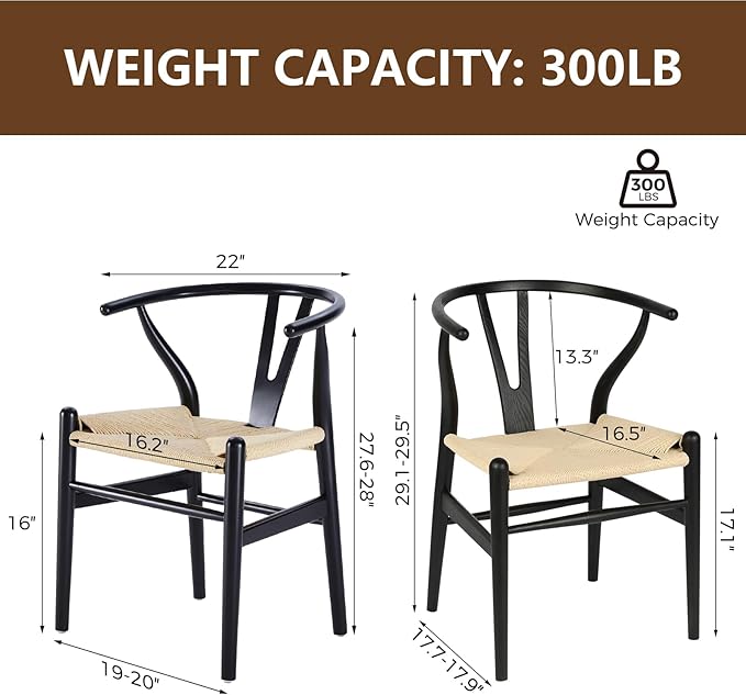 Wishbone Chair Natural Solid Wood Dining Chair/Hans Wegner Y Chair Rattan and Wood Accent Armrest Chairs Set of 2 (Ash Wood - Black + Natural Cord)