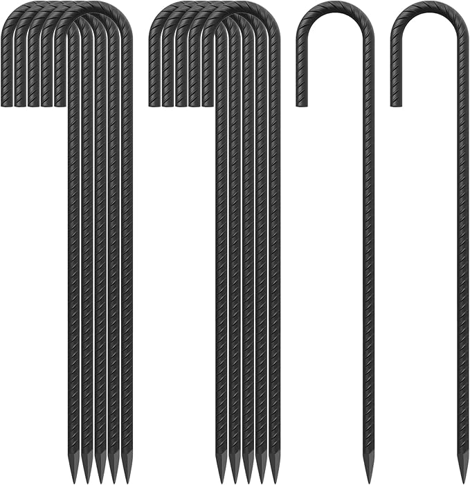 24 Inch Rebar Ground Stakes 3/8 Inch Tent Stakes Heavy Duty 12 Pack Steel Ground Anchors Chain Link Fence Stakes Trampoline Stakes with Chisel Point end for Swing Set and Camping Tent, Black