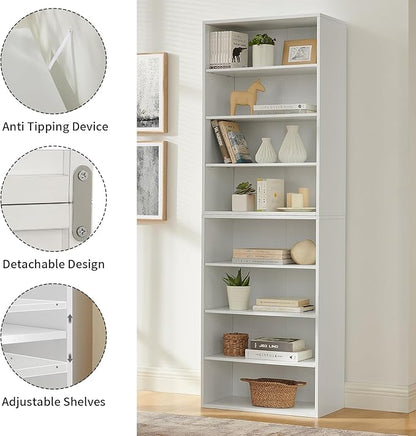71 Inch Tall 8-Shelf Bookcase, Wood Bookshelf Storage Organizer Adjustable Shelf for Home Office Living Room, Converts into Two 4-Shelf Bookshelves, White