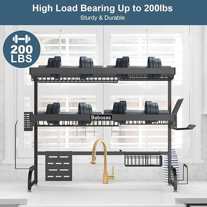 Over The Sink Dish Drying Rack,3 Tier Adjustable Length (25.5'' to 37.4'') Full Stainless Steel Large Storage Kitchen Dish Rack,for Kitchen Counter Expandable Multifunctional Organizers,Black