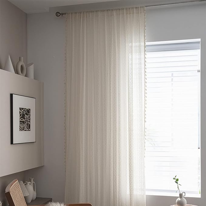 Sutuo Home Boho Curtain Crochet Lace Semi-Sheer Florals Hollow Knitted Handmade Tassels, Rod Pocket Window Treatment Vintage Rustic Farmhouse Drapes for Living Bedroom, 1 Panel 59" W x 96" L, Beige
